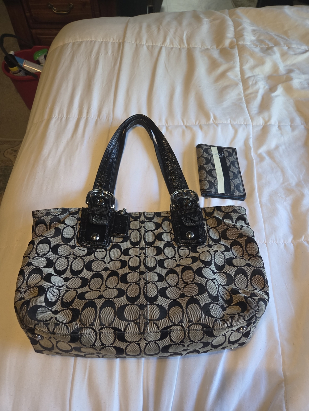 Coach Black and Tan Signature Shoulder Tote with Matching Card Case